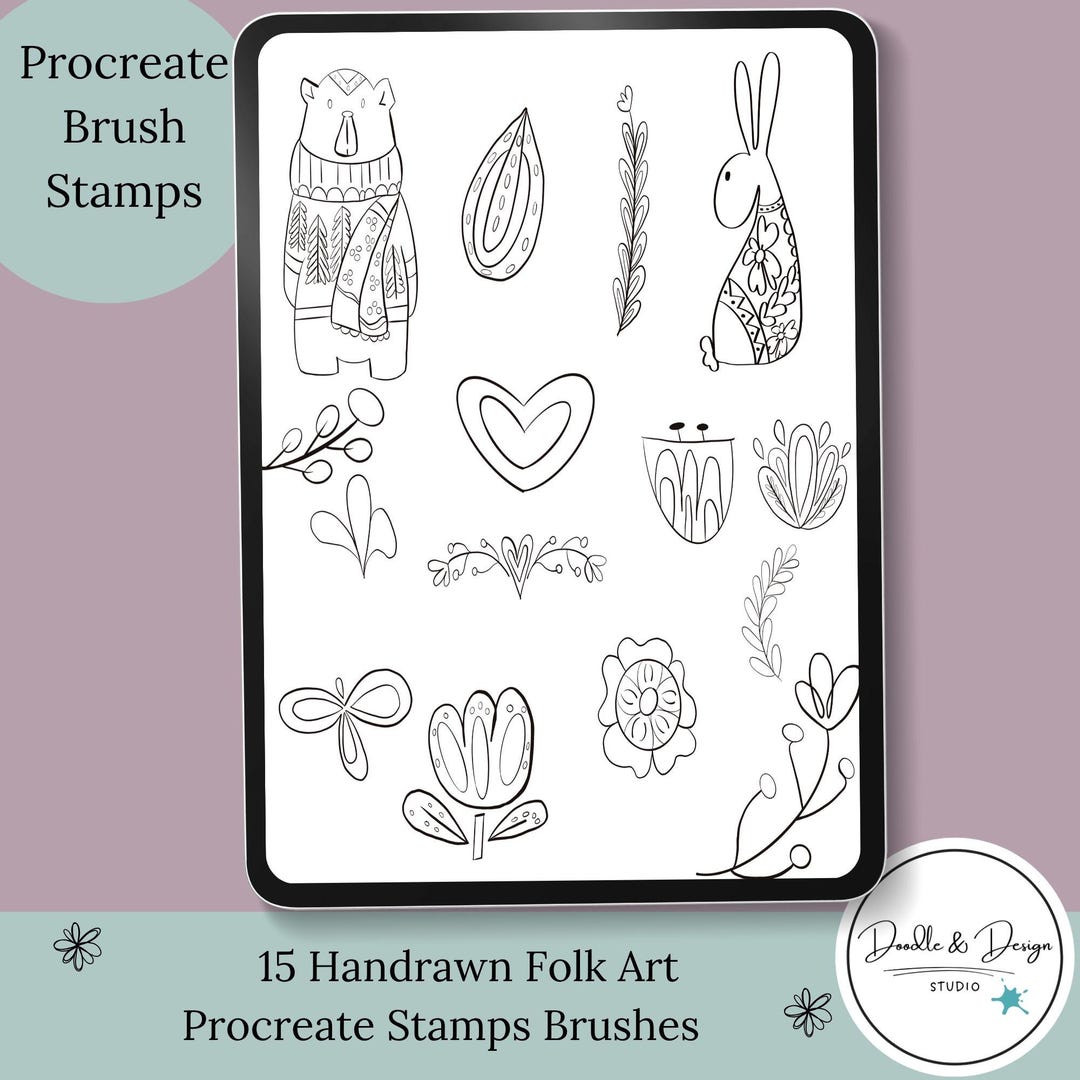 15 Cottagecore Procreate Stamp Brushes | Hand Drawn Folk Art and Floral ...