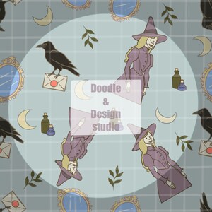 May include: A repeating pattern featuring a witch in a purple dress and hat, a black raven, crescent moons, ornate mirrors, and potion bottles. The text "Doodle & Design studio" is in a white rectangle. The background is a light blue plaid.