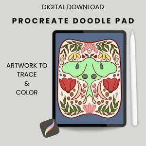 May include: A digital download image featuring a Procreate Doodle Pad with artwork to trace and color. The pad displays a green moth design with red, yellow, and pink floral elements. A stylus and Procreate app icon are also visible.
