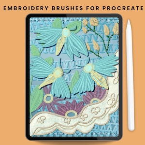 May include: A digital illustration on a tablet featuring embroidery-style designs of butterflies, flowers, and decorative trim in shades of blue, yellow, and purple. The text "EMBROIDERY BRUSHES FOR PROCREATE" is at the top. A white stylus is next to the tablet.