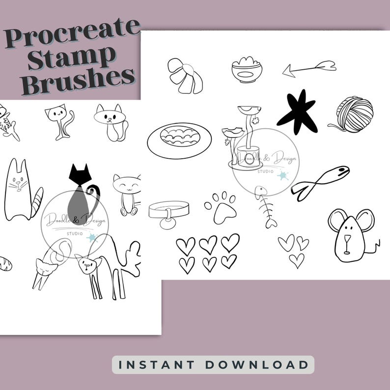 25 Cat Stamp Procreate Brushes| Hand-drawn Kitten Stamps for Procreate ...