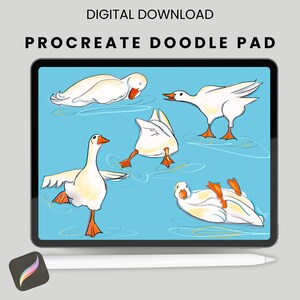 May include: Digital download of a Procreate Doodle Pad featuring illustrations of white geese with orange beaks and feet on a light blue background. The geese are in various poses, some swimming, others with their heads underwater.