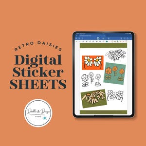 Digital Stickers – Goodnotes Pre-Cropped Stickers | Retro Daisy Art, 15 PNGs, 2 Sticker Sheets + Background