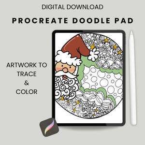 May include: A digital download Procreate Doodle Pad featuring a Santa Claus design with a brown hat, white beard, and green accents. The artwork is designed for tracing and coloring. Includes a stylus and Procreate app icon.