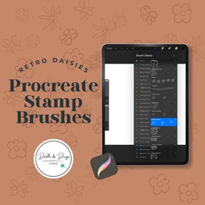May include: An advertisement for digital art products. The image shows a tablet displaying a Procreate brush library with floral stamp brushes. The text reads "Retro Daisies Procreate Stamp Brushes" with a logo. The background is a warm brown with daisy illustrations.