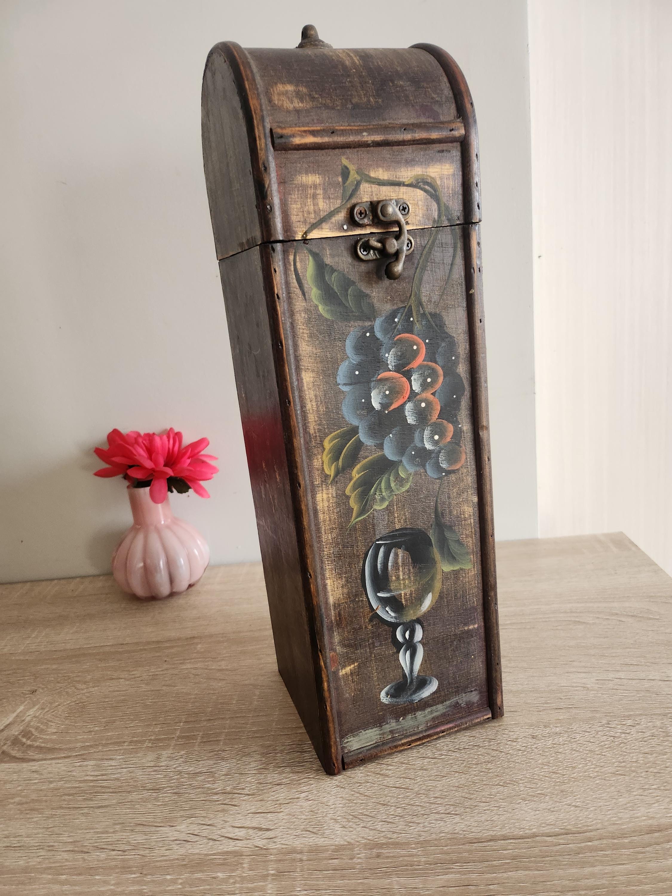 VINTAGE WOODEN WINE BOX 2個SET SIZE S Vintage Hand-painted Wooden Wine Box – Rustic Grapes & Wine Glass