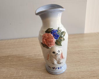 Vintage Ceramic Bunny Rabbit Bud Vase - Hand-Painted Floral & Animal
