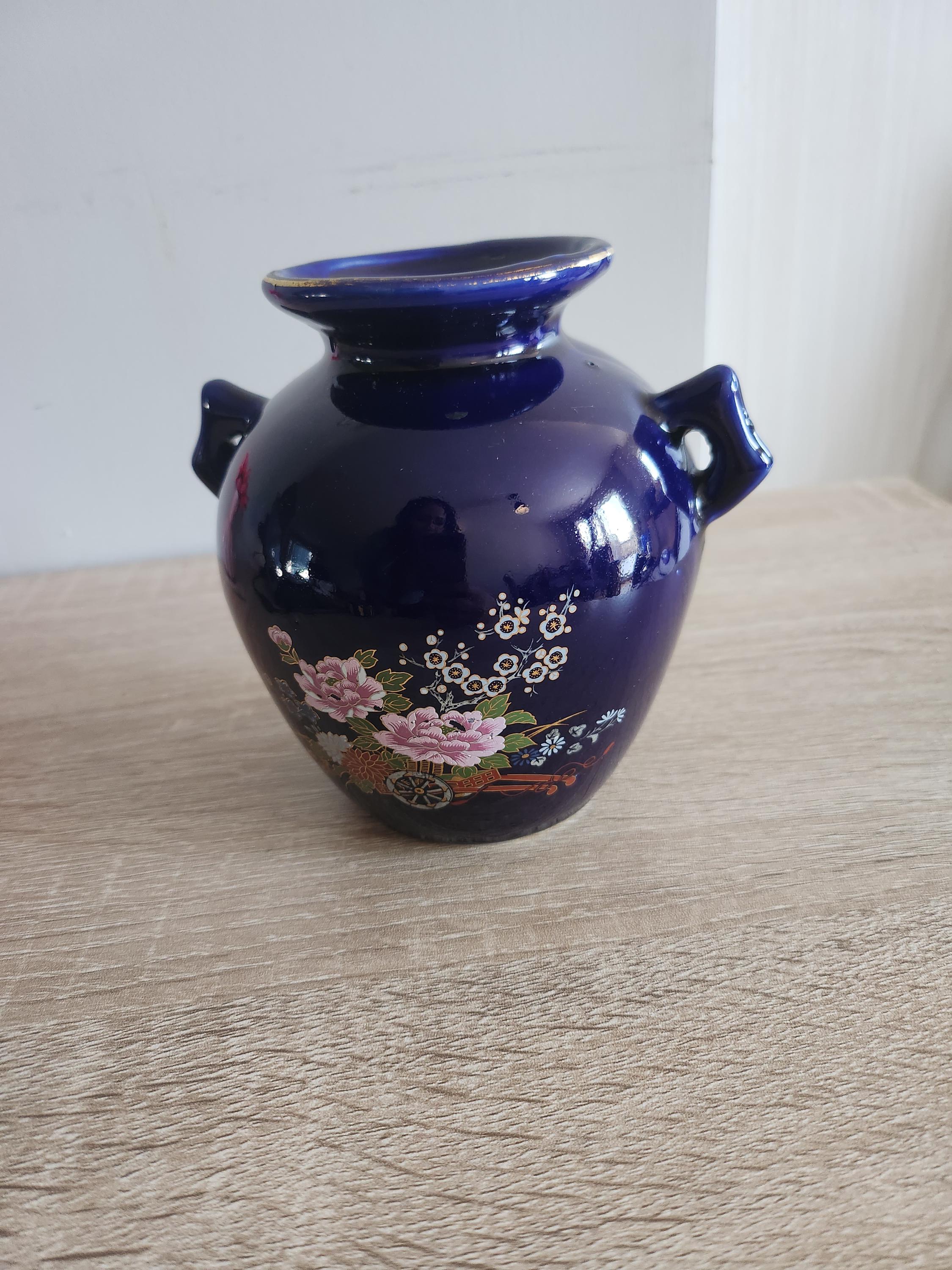 ヴィンテージ 九谷焼 コバルトブルー ダブルハンドル花瓶、中国