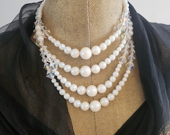 Vintage Multi-Strand Faux Pearl and Crystal Necklace