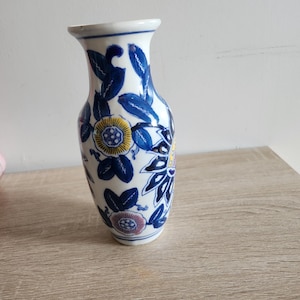 Vintage Hand-Painted Ceramic Vase with Floral Motif - Blue, Yellow, and Pink Accents