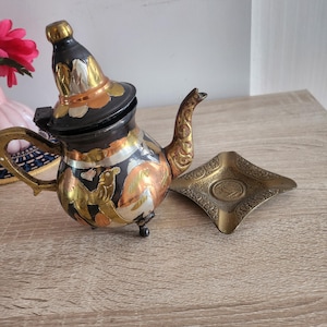 Vintage Brass Middle Eastern Small Tea Pot with Decorative Inlay
