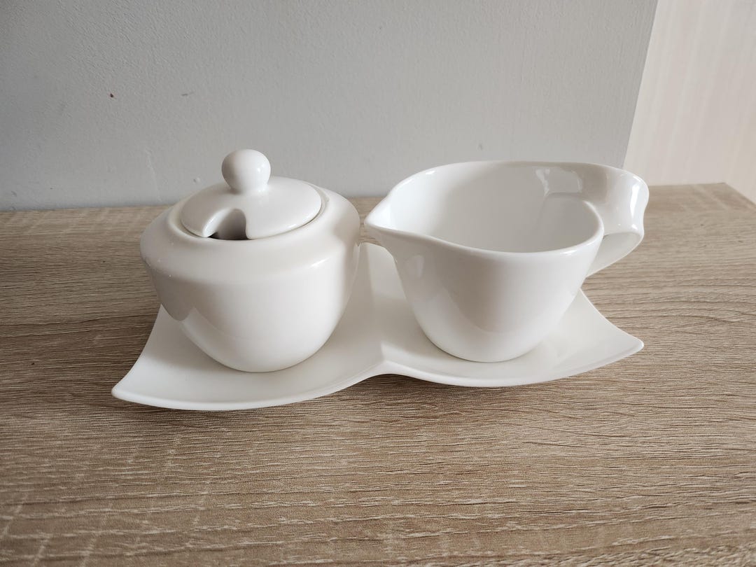 Vintage White Ceramic Creamer and Sugar Bowl Set on Matching Tray ...
