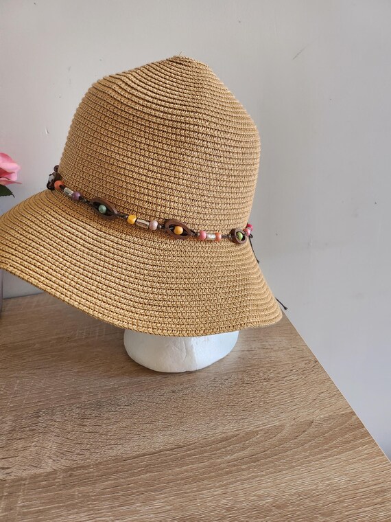 Vintage Straw Sun Hat With Ethnic Style Cord and Beads 