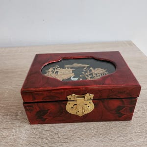 Vintage Chinese Lacquered Jewelry Box with Red Velvet Interior