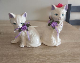 Vintage White & Purple Ceramic Cat Sculpture Figurines, Pair of Siamese Kittens