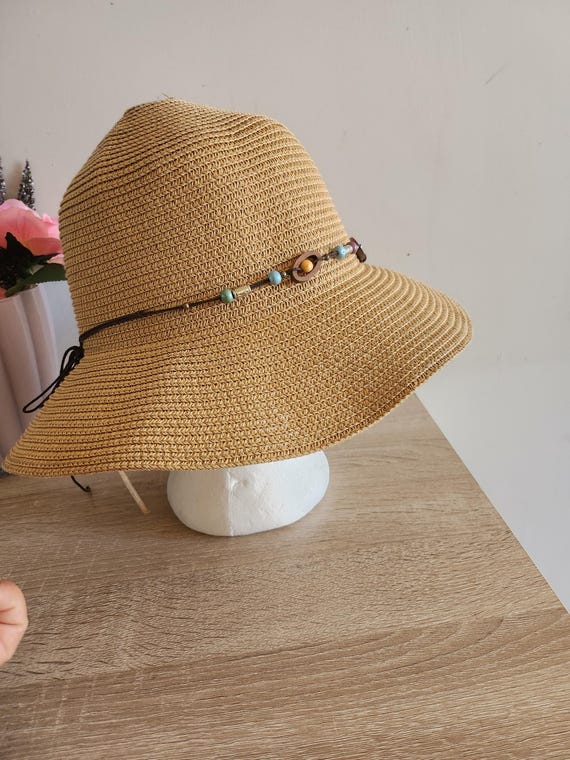 Vintage Straw Sun Hat With Ethnic Style Cord and Beads  display picture 1