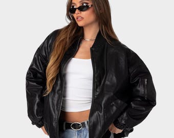 Handgemaakt oversized vintage zwart leren damesbomberjack jaren 90: retrostijl