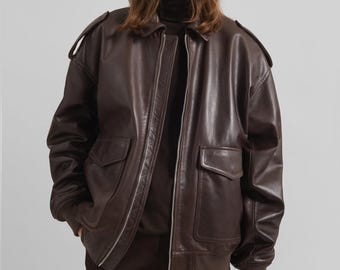 90s Oversized Vintage Brown Leather Bomber Jacket, Oversized Baggy Fit