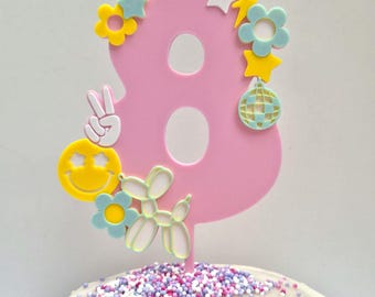 Adorno para tarta de 8.º cumpleaños Vibe 8 3D rosa: decoración retro reutilizable para fiestas, temática de fiesta genial, hecho a mano en el Reino Unido.