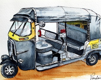 Indian rickshaw original watercolor and ink painting - 5x7 - Mumbai - Gujarat - tuk tuk - desi