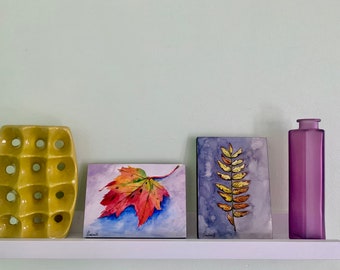 2 originele aquarelschilderijen - herfstbladeren, herfst, natuurkunst, muurdecoratie
