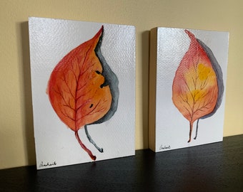 2 originele aquarelschilderijen - herfstbladeren, herfst, natuurkunst, muurdecoratie