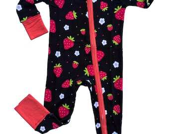 Strawberry Cherry Blossom Bamboo Baby Pajamas - Soft Long Sleeve Zipper PJs Romper