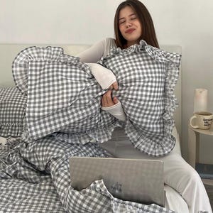 Gray Gingham Cotton Bedding Set: Ruffle Duvet Cover With Pillowcases