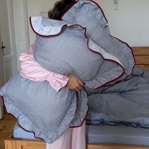 Handmade Blue Gingham Cotton Bedding Set: Burgundy Ruffle Trim
