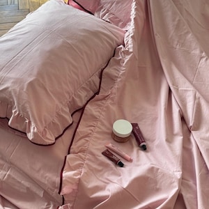 Handmade Pink Ruffled Queen Bedding Set: Turkish Cotton Duvet Cover