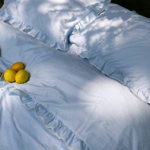 Handmade Ruffle Bedding Set: Blue Cotton Duvet Cover with White Trim