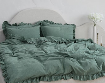 Sage Green Washed Cotton Bedding Set With Ruffles Duvet Cover Fitted Sheet