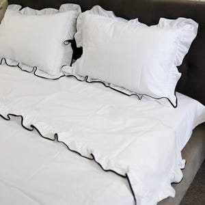 Handmade Cotton Ruffle Bedding Set: White Duvet Cover with Black Trim