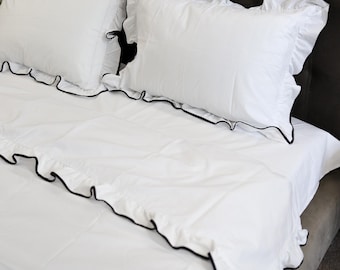 Handmade Cotton Ruffle Bedding Set: White Duvet Cover with Black Trim