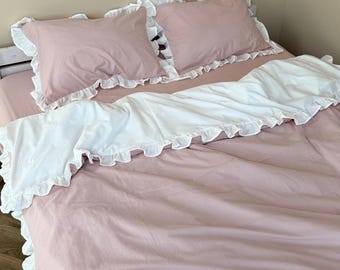 Ruffled Pink Cotton Bedding Set: Duvet Cover with Pillowcases