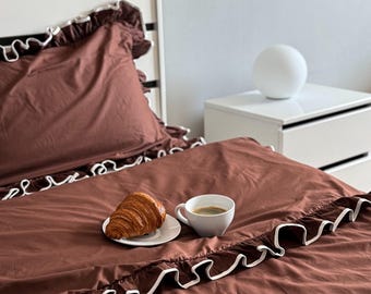 Chocolate Brown Ruffle Bedding Set Cotton Duvet Cover Fitted Sheet Pillowcases Ivory Trim