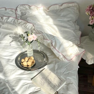 Handmade Ruffle Cotton Bedding Set: Blue Duvet Cover with Burgundy Trim