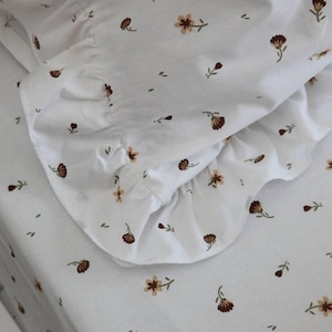Ruffled White Cotton Bedding Set: Small Floral Print, Soft Ranforce Fabric
