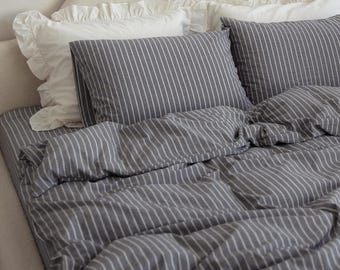 Graphite Striped Ruffle Bedding Washed Cotton Duvet Cover Set Cozy Dark Gray Bed Linen