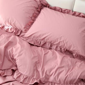 Queen Size Pink Ruffled Bedding Set: 100% Cotton Ranforce Duvet Cover