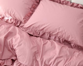 Conjunto de cama Queen Size com babados rosa: capa de edredom 100% algodão Ranforce