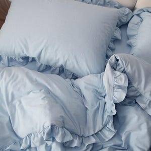 Washed Cotton Ruffled Bedding Set: Soft Blue Cozy Bed Linen