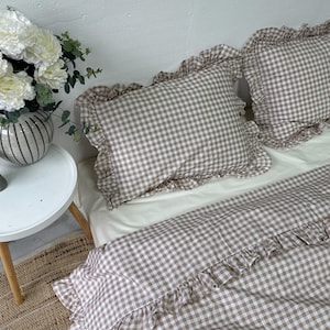 Beige Gingham Cotton Bedding Set with Ruffles: Duvet Cover & Pillowcases