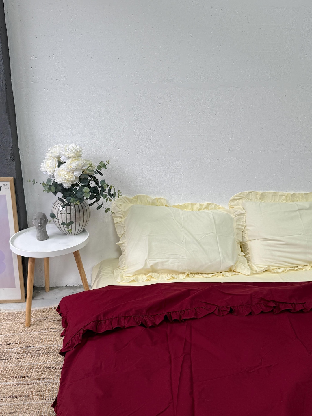 Cotton Ruffled Bedding Set: Butter Yellow and Burgundy Duvet Cover and ...