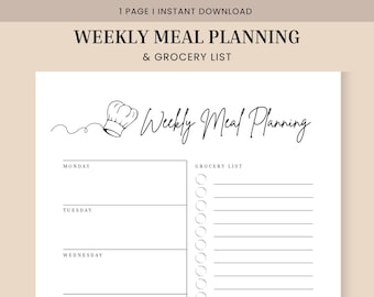 Weekly Meal Planner Template | Printable Food Organisation | Grocery List | Breakfast Lunch Dinner Snack PDF I Instant Download I Kitchen