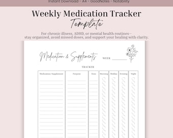 Medication & Supplement Tracker | Printable Health Planner | Chronic Illness Tracker Template | A4 Size | Instant Download | Digital PDF