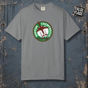 Op de afbeelding: Een grijs t-shirt met korte mouwen en een ronde afbeelding op de borst. De afbeelding toont het silhouet van een donkerbruin vliegtuig tegen een witte achtergrond, omringd door een groene rand met de tekst BOSTON CHEMTRAILS en Look up.