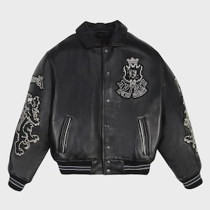 Handmade Avirex Goth Leather Bomber Jacket, Embroidery Vintage Varsity Style