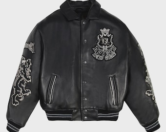 ハンドメイドのアビレックス ゴスレザー ボンバージャケット、刺繍入りヴィンテージ バーシティスタイル