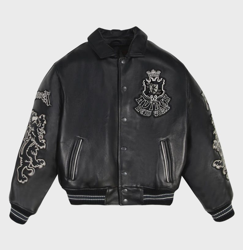Handmade Avirex Goth Leather Bomber Jacket, Embroidery Vintage Varsity Style